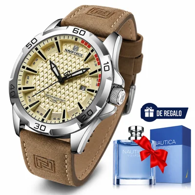Naviforce NF8023 Reloj Casual Impermeable Correa De Cuero Hombre, Correa Caquí Bisel Platado Fondo Amarillo