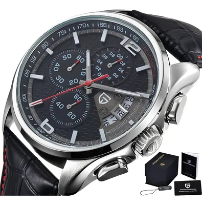 Reloj Pagani Design PD-3306 Cronógrafo Cuero Negro Bisel Plateado 43mm