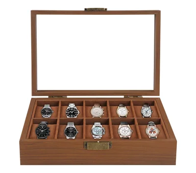 Caja organizadora de relojes de madera con tapa de vidrio