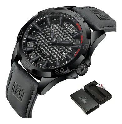 Reloj Naviforce 8023 Hombre Correa De Cuero Correa Gris Esfera negra Calendario Resistente al Agua