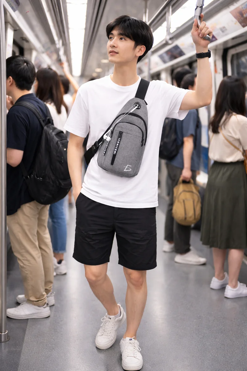 Bolso Cruzado Tipo Sling Bag Gris con Detalles Negros