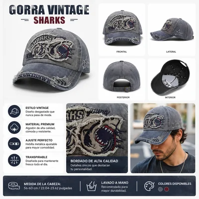 Gorra Vintage Sharks 01 tiburón Navy Ajustable Algodón Estilo Desgastado Retro sombrero tela