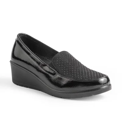 Mocasín Cuña Emporium Negro con Aplicación Pedrería para Mujer