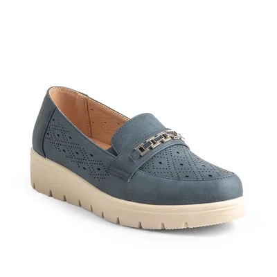 Mocasín Cuña con Diseño Emporium Azul Oscuro Aplicación Dorado para Mujer