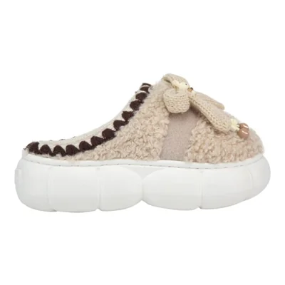 Pantufla de mujer, estilo zueco, de peluche, suave, para descanso, color camel, mod. 1226728