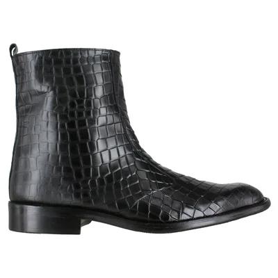 Bota Vestir Sofisticado Hombre Carlo Ronaldi 1021 Res Grabada Lagarto Negro Suela Cuero Injerto Acabado Auténtico