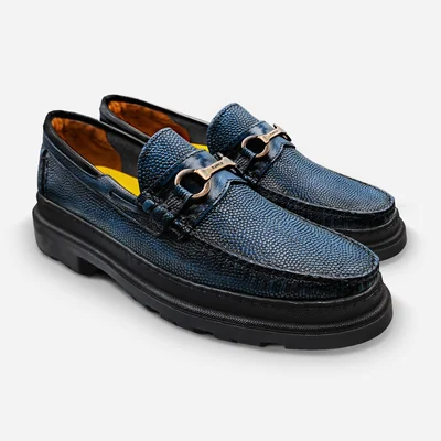 Mocasin Zapato Vestir Dayton Randem Mantarraya Grabado Azul Marino.