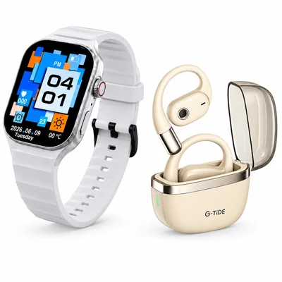 Smartwatch FUTUREM FM15 Plateado con audífonos gancho G- tide OWS 8 Beige