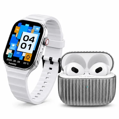 Smartwatch FUTUREM FM15 Plateado con Audifonos G-TIDE H21 con Estuche de Carga Metálico - Libertad Inalámbrica y Estilo