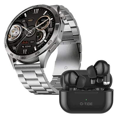 Reloj Inteligente G-tide Power Plata Acero Inoxidable Hombre + Audífonos G-Tide L22