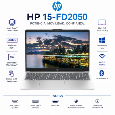 Laptop HP 15 FD2050 15.6 Pulgadas Touch Core Ultra 5 255U 8GB RAM 512GB SSD Windows 11