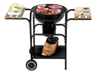 Asador De Carbón Portátil 44 Cm Con Mesas Laterales de madera y ruedas transportadoras Color Negro