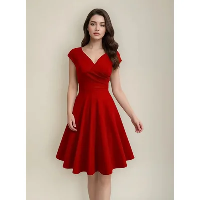 Vestido Ajustado de Mujer con Escote en V y Falda Acampanada – Rojo Elegante