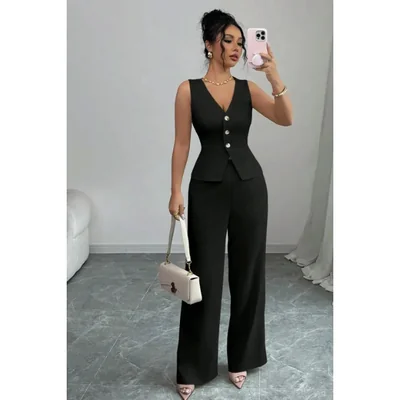 Conjunto Elegante para Mujer con Chaleco sin Mangas y Pantalón Palazzo de Cintura Alta para Oficina y Fiesta