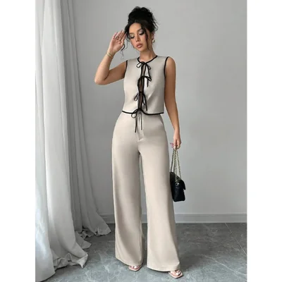 Conjunto Casual para Mujer de Dos Piezas con Blusa sin Mangas y Pantalón Palazzo de Cintura Alta con Cordón
