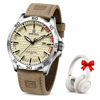 Naviforce NF8023 Reloj Casual Impermeable Correa De Cuero Hombre, Correa Caquí Bisel Platado Fondo Amarillo