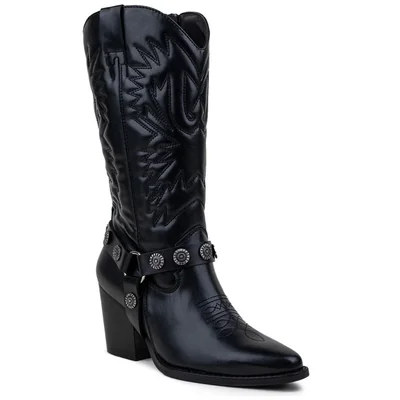 Bota Vaquera Bordada con Accesorios Negro Gillio