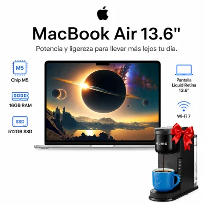 Laptop Apple MacBook Air 13" Chip M5 16GB RAM 512GB SSD macOS Starlight con Cafetera de Regalo