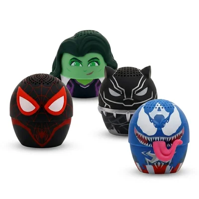 Paquete Bitty Boomers Bocinas Bluetooth Mini Marvel, Miles Morales, Black Panther, She Hulk y Venom