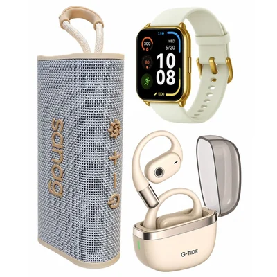 BOCINA SANAG M15 BEIGE con AUDÍFONOS G-TIDE OWS 8 BEIGE Y SMARTWATCH FILWANS GTS MINI DORADO
