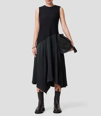 Vestido midi liso con detalle a canalé Mujer