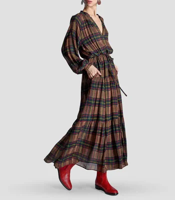 Vestido largo manga larga con cuadros Mujer