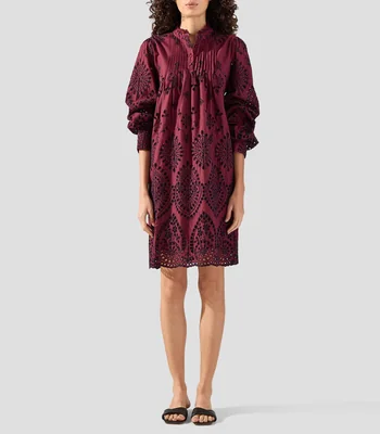 Vestido midi de manga larga bordado sólido Mujer