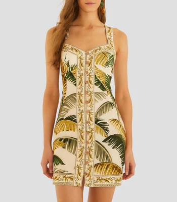 Vestido mini sin mangas con diseño fantasía de hojas Trancoso Sand Mujer
