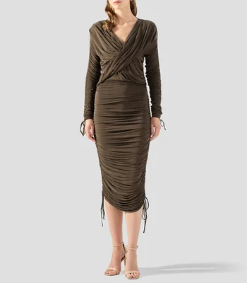 Vestido midi con manga larga liso Mujer