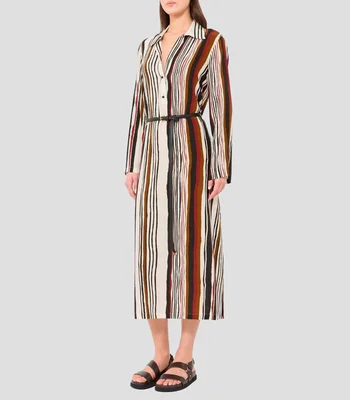 Vestido camisero largo con manga larga y rayas Mujer