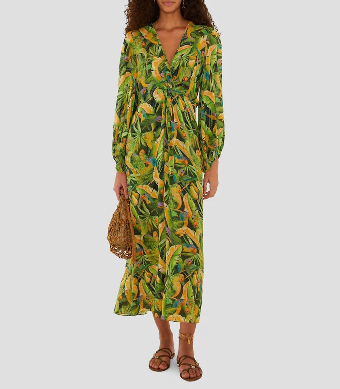 Vestido largo con manga larga estampado Parrots Forest Mujer