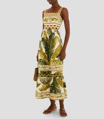 Vestido largo sin mangas con estampado de hojas Trancoso Sand Mujer
