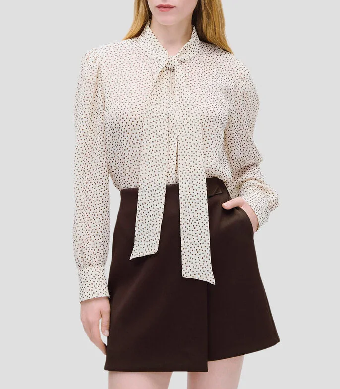 Blusa Natural Estampado De Lunares Con Corbatín Mujer