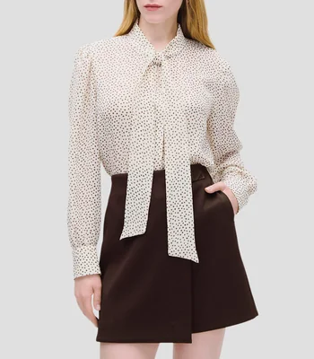 Blusa Natural Estampado De Lunares Con Corbatín Mujer