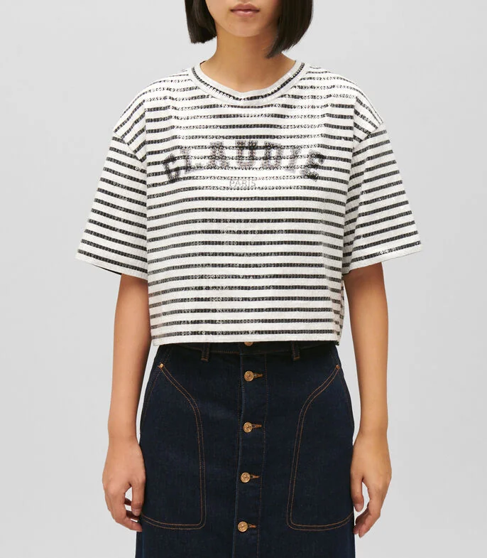 Playera cuello redondo con manga corta de rayas Mujer