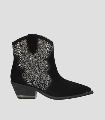 Botines vaqueros de gamuza con tacon medio ancho y pedreria Mujer