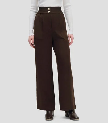 Pantalón Recto Fluido Tiro Alto Chocolate Pretina Enresortada Mujer