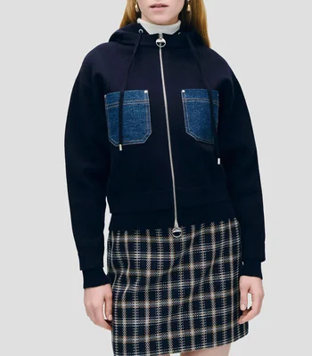 Suéter tejido tipo sudadera índigo bolsillos denim Mujer