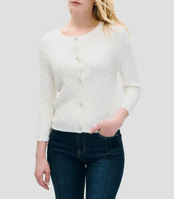 Cárdigan off white tejido combinado trenzado con perlas Mujer