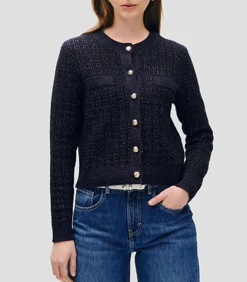 Cárdigan de tweed marino con lúrex para Mujer