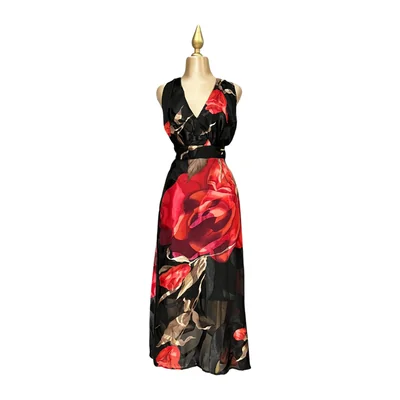 Vestido Negro/Rojo Estampado Floral Mussi