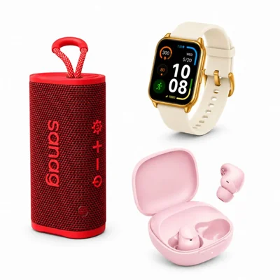 FILWANS GTS MINI DORADA + AUDIFONOS REDMI BUDS 6 PLAY ROSA + BOCINA SANAG M15 ROSA