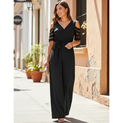 Mono Palazzo Elegante para Mujer con Escote en V, Hombros Descubiertos, Cinturón y Pierna Ancha Casual Formal
