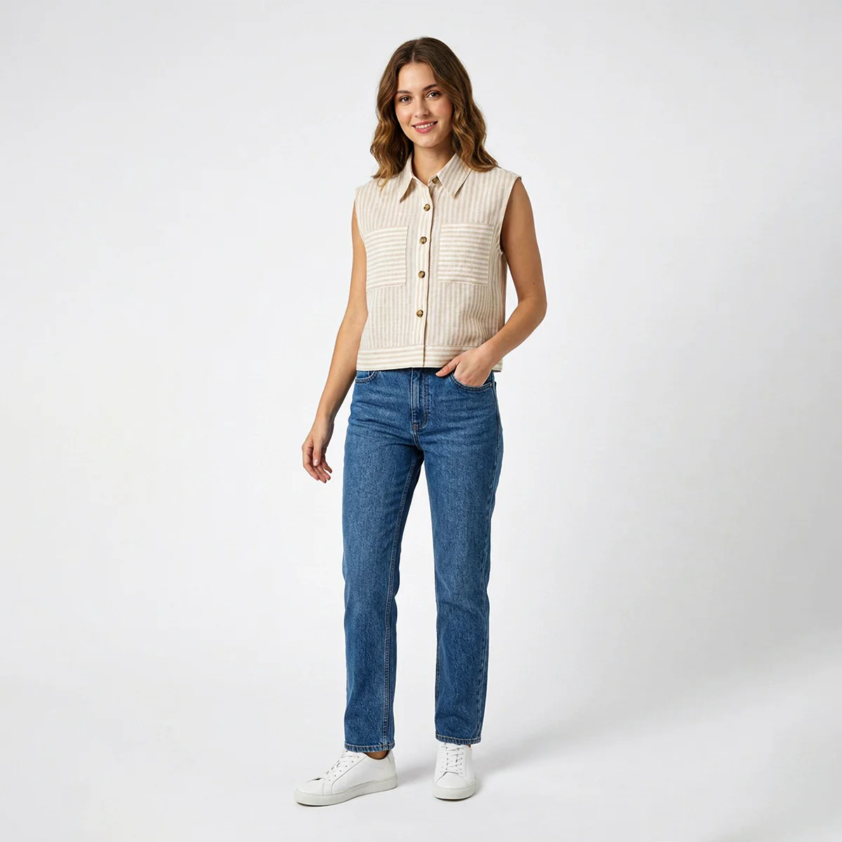 Blusa Mujer Camisera Sisada Con Rayas Verticales Y Bolsillos