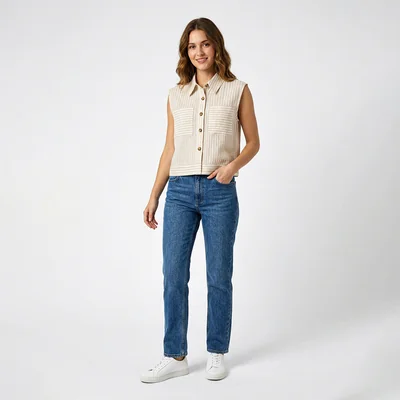 Blusa Mujer Camisera Sisada Con Rayas Verticales Y Bolsillos