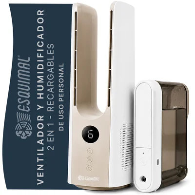 Ventilador Humidificador de Aire 2 en 1 Esquimal, Recargable, 9 Velocidades, pantalla LED (Arena)