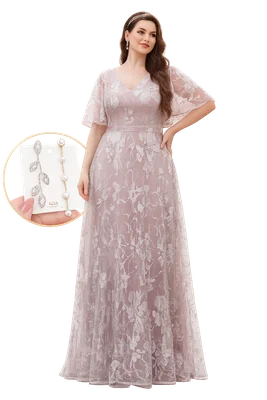 OFERTA Vestido de Noche Largo ROSA PÁLIDO con Encaje Floral y Mangas Cortas  TALLA 4XL