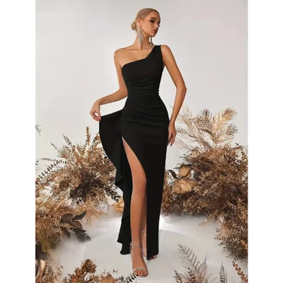 Vestido Largo Elegante de Un Hombro para Mujer con Volantes, Abertura Lateral y Corte Ajustado para Fiesta