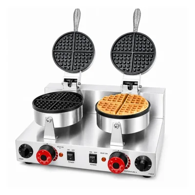 Máquina Wafflera Industrial Doble 2000W Acero Inoxidable Con Temporizador Teflón Antiadherente 2 Parrillas 18cm Ajustador Temperatura 250°C