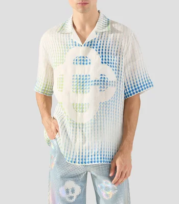 Camisa estampada en lino con manga corta Hombre